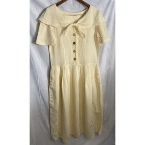 VT Women Solid Lapel Collar Short Sleeve A-Line Dress Linen, pocket Dress Siz L